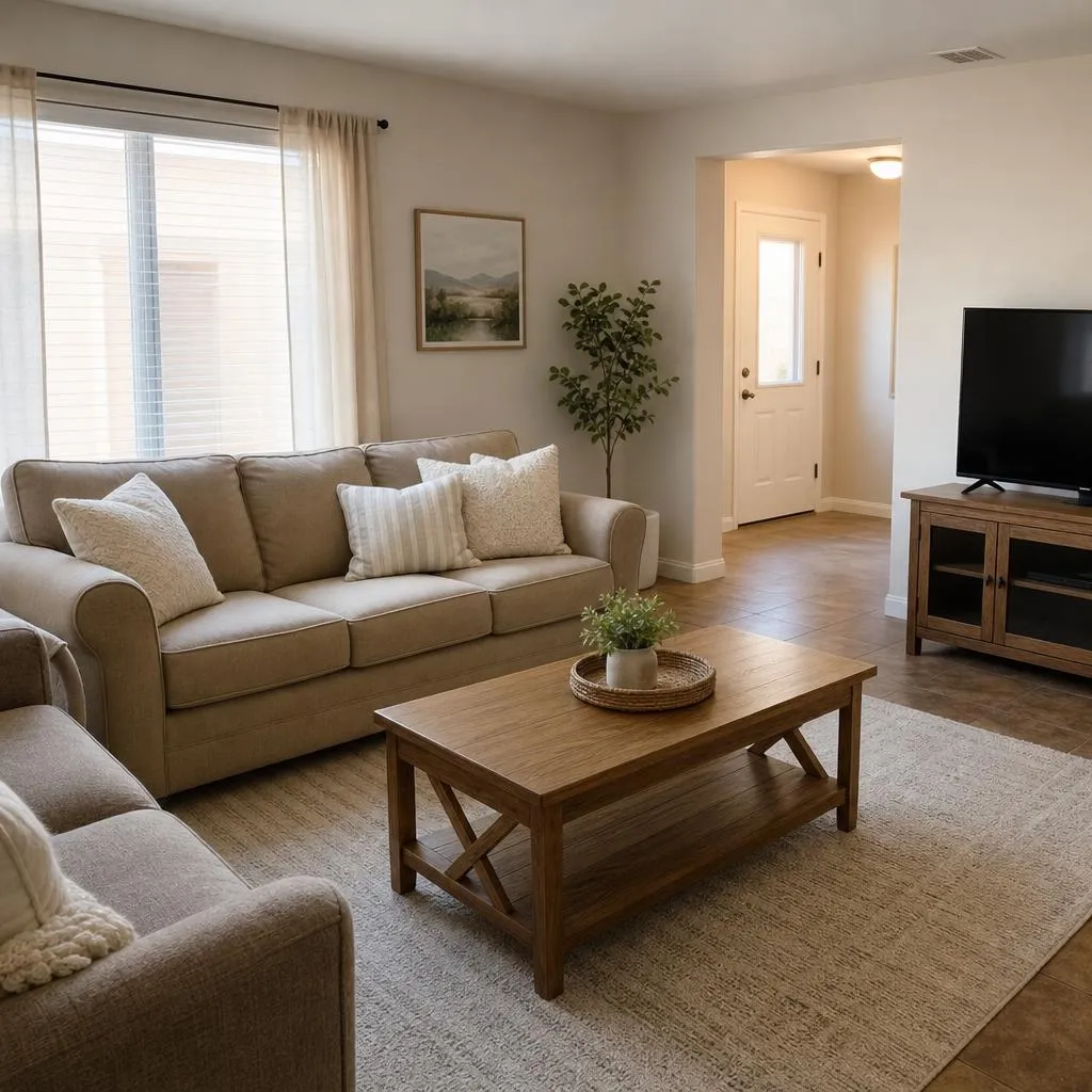 Comfortable, tidy family living room with a sofa and natural light