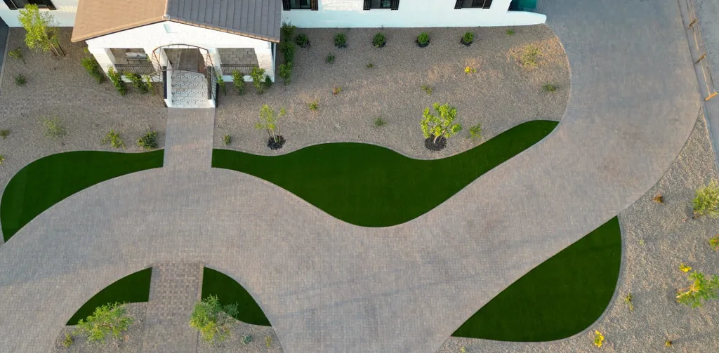 Aerial view of a Queen Creek house with a landscaped driveway